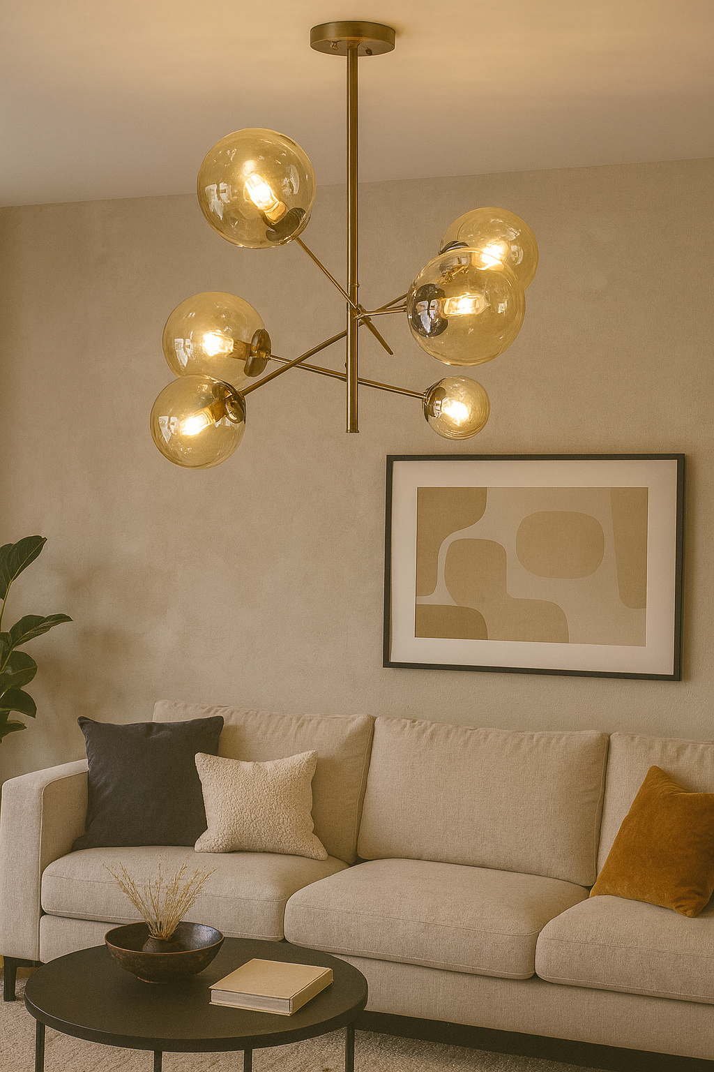 Glob Camlı Nasa Sarkıt Avize – Pirinç Kaplama, 6×E14 | Modern Salon & Oturma Odası Aydınlatma