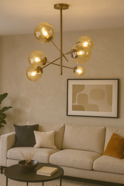 Glob Camlı Nasa Sarkıt Avize – Pirinç Kaplama, 6×E14 | Modern Salon & Oturma Odası Aydınlatma