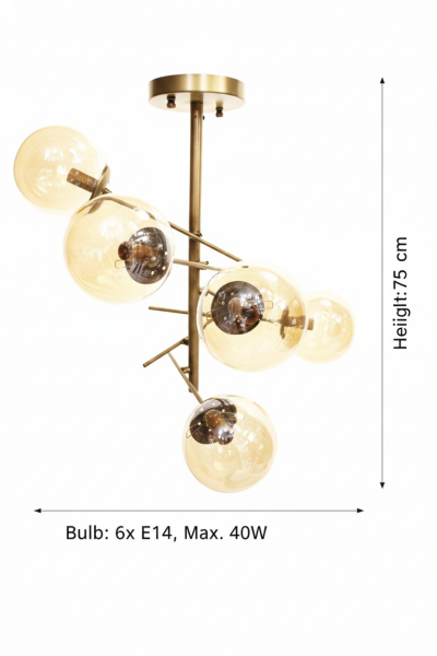Glob Camlı Nasa Sarkıt Avize – Pirinç Kaplama, 6×E14 | Modern Salon & Oturma Odası Aydınlatma