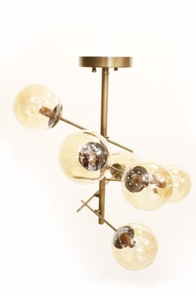 Glob Camlı Nasa Sarkıt Avize – Pirinç Kaplama, 6×E14 | Modern Salon & Oturma Odası Aydınlatma