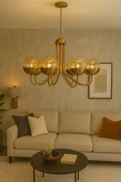 Yarım Küre Glob Camlı Avize – Lak Bal Kaplama, 8×E14 | Modern Salon & Oturma Odası Aydınlatma