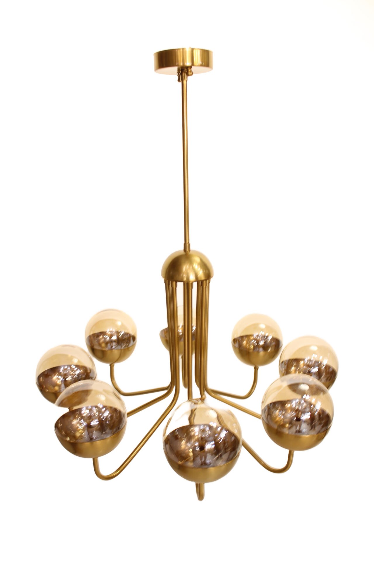 Yarım Küre Glob Camlı Avize – Lak Bal Kaplama, 8×E14 | Modern Salon & Oturma Odası Aydınlatma