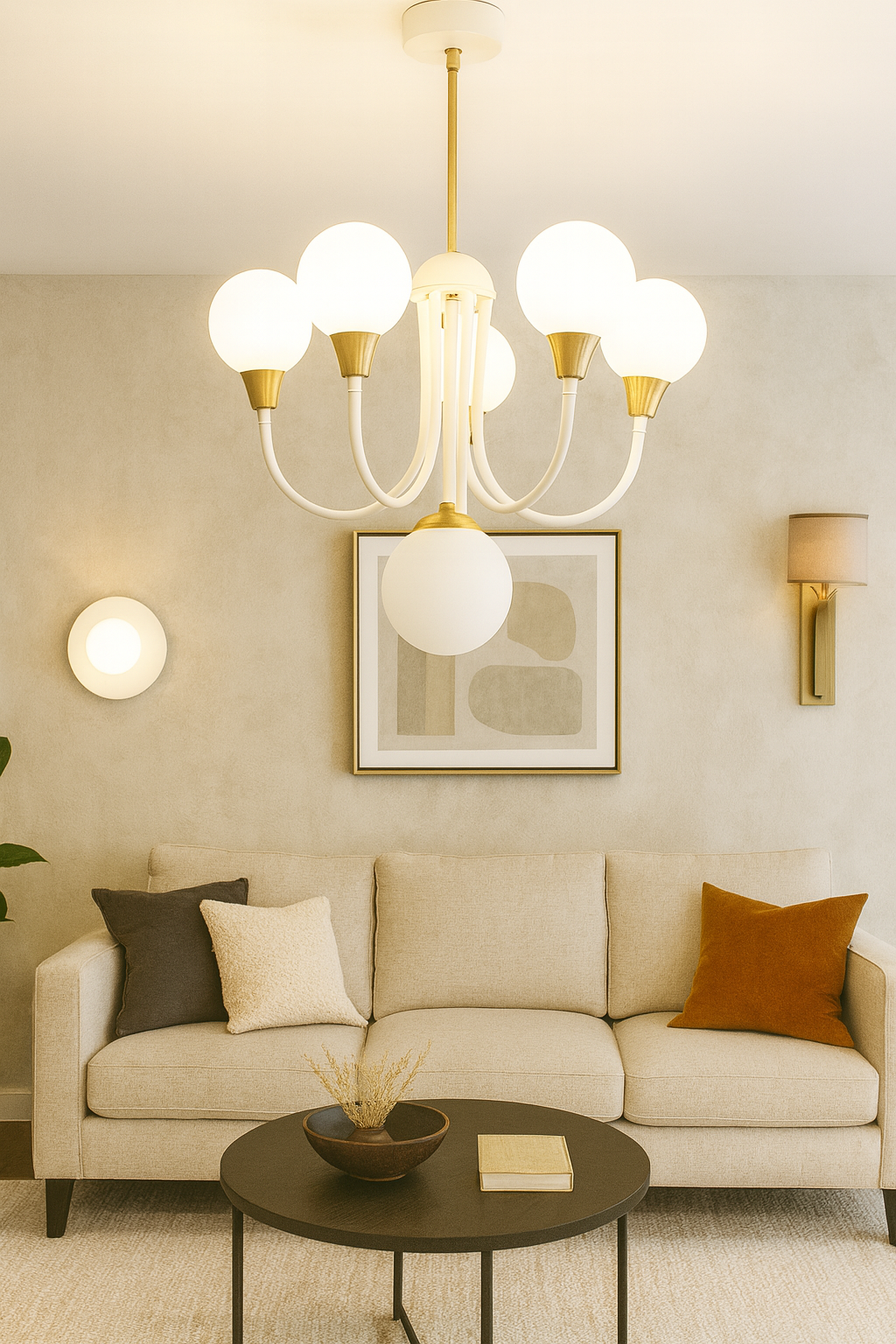 T. Baston Glob Camlı Avize – Pirinç Kaplama, 1×E14 & 6×G9 | Modern Salon & Oturma Odası Aydınlatma