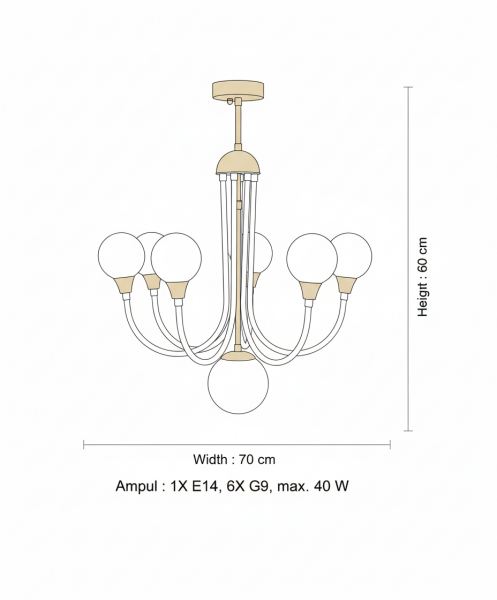 T. Baston Glob Camlı Avize – Pirinç Kaplama, 1×E14 & 6×G9 | Modern Salon & Oturma Odası Aydınlatma
