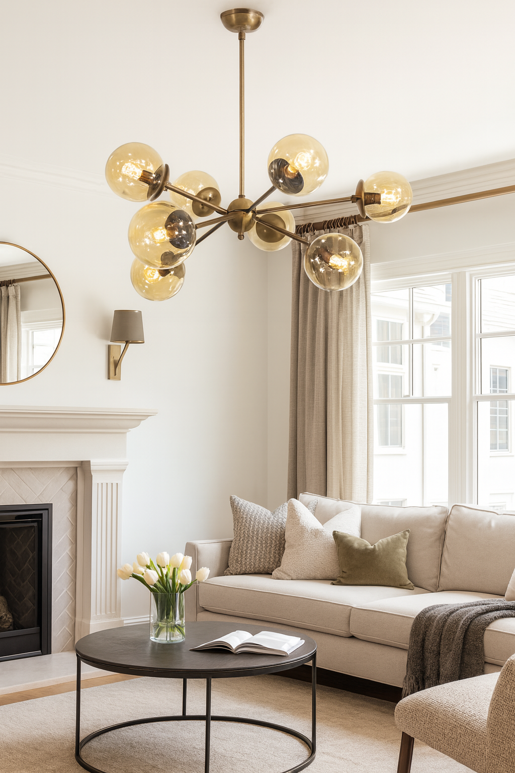 9’lu Çatal Güneş Avize – Pirinç Kaplama, 9×E14 | Modern Büyük Salon & Oturma Odası Aydınlatma