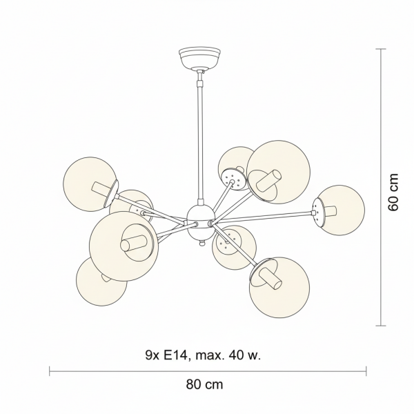 9’lu Çatal Güneş Avize – Pirinç Kaplama, 9×E14 | Modern Büyük Salon & Oturma Odası Aydınlatma