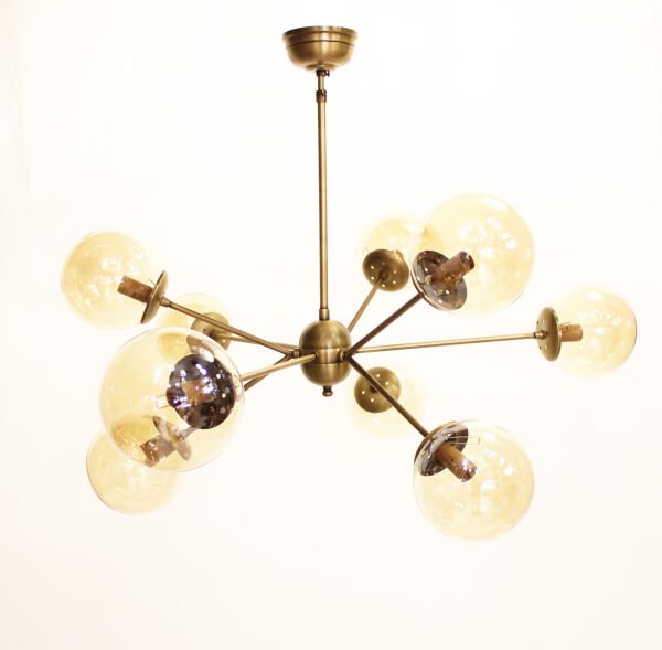 9’lu Çatal Güneş Avize – Pirinç Kaplama, 9×E14 | Modern Büyük Salon & Oturma Odası Aydınlatma