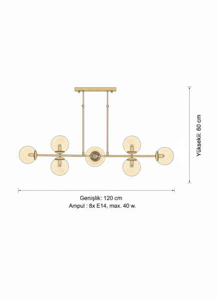 Sıralı Glob Cam Avize – Pirinç Kaplama, 8×E14 | Modern Salon & Yemek Odası Aydınlatma