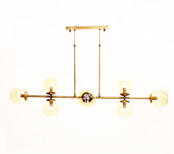 Sıralı Glob Cam Avize – Pirinç Kaplama, 8×E14 | Modern Salon & Yemek Odası Aydınlatma