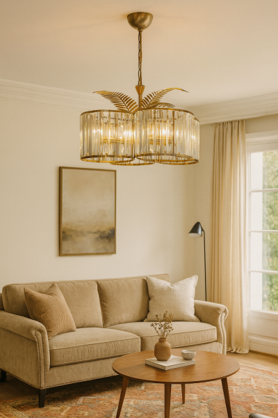 Kristalli Yapraklı Avize – Pirinç Kaplama, 6×E14 | Modern Salon & Oturma Odası Aydınlatma