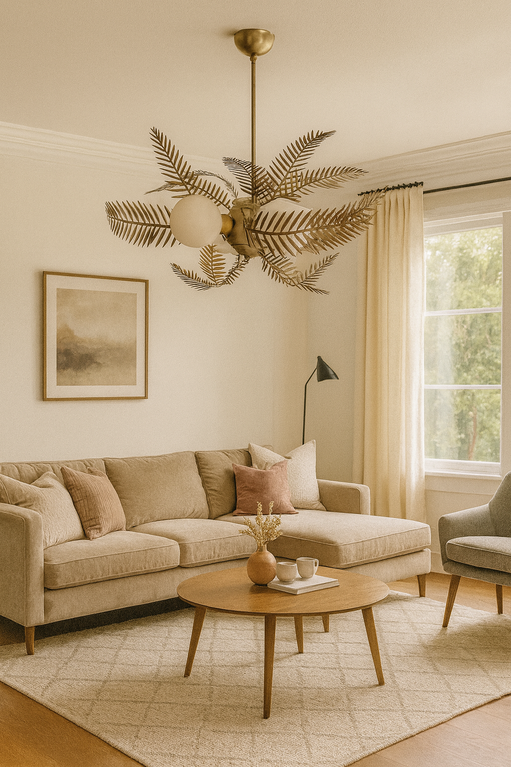 Glob Camlı Yapraklı Avize – Pirinç Kaplama, 5×E14 | Modern Salon & Oturma Odası Aydınlatma