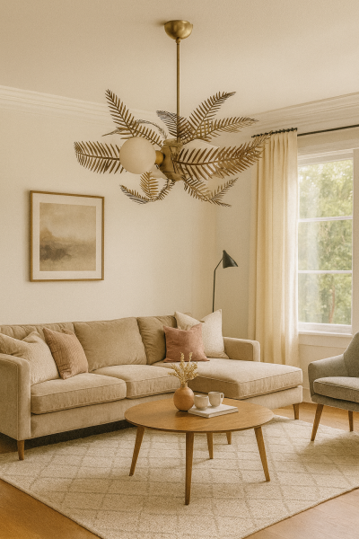 Glob Camlı Yapraklı Avize – Pirinç Kaplama, 5×E14 | Modern Salon & Oturma Odası Aydınlatma