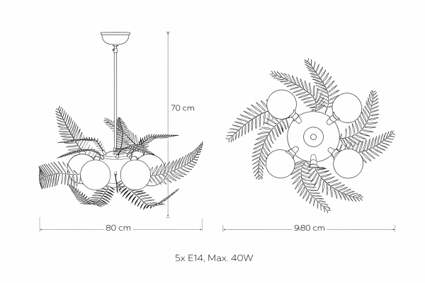 Glob Camlı Yapraklı Avize – Pirinç Kaplama, 5×E14 | Modern Salon & Oturma Odası Aydınlatma