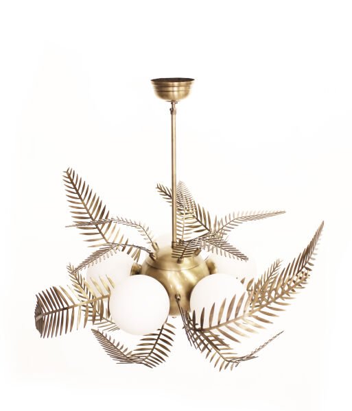 Glob Camlı Yapraklı Avize – Pirinç Kaplama, 5×E14 | Modern Salon & Oturma Odası Aydınlatma