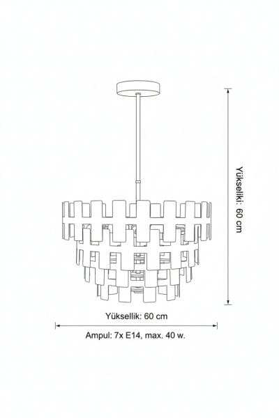 H‑Harfi Sarkıt Avize – Pirinç Kaplama, 7×E14 | Modern Salon & Oturma Odası Aydınlatma