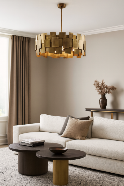 Kare Tek Sıra Pul Avize – Pirinç Kaplama, 6×E14 | Modern Salon & Oturma Odası Aydınlatma