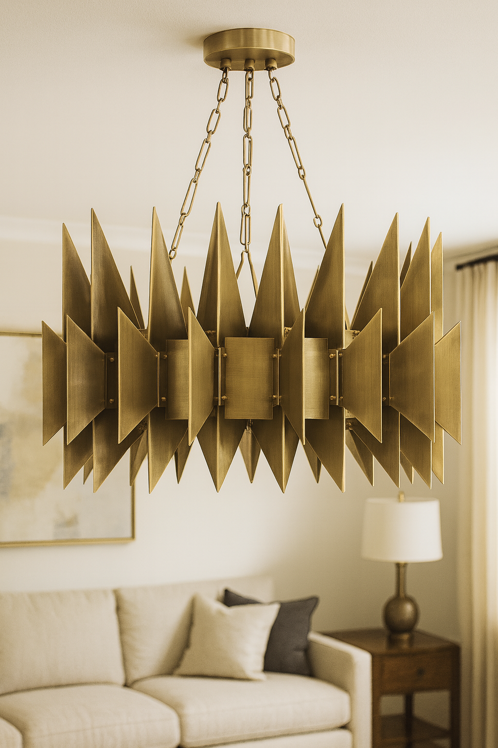 60’lık Yuvarlak Mızrak Avize – Pirinç Kaplama, 6×E14 | Modern Büyük Salon & Oturma Odası Aydınlatma