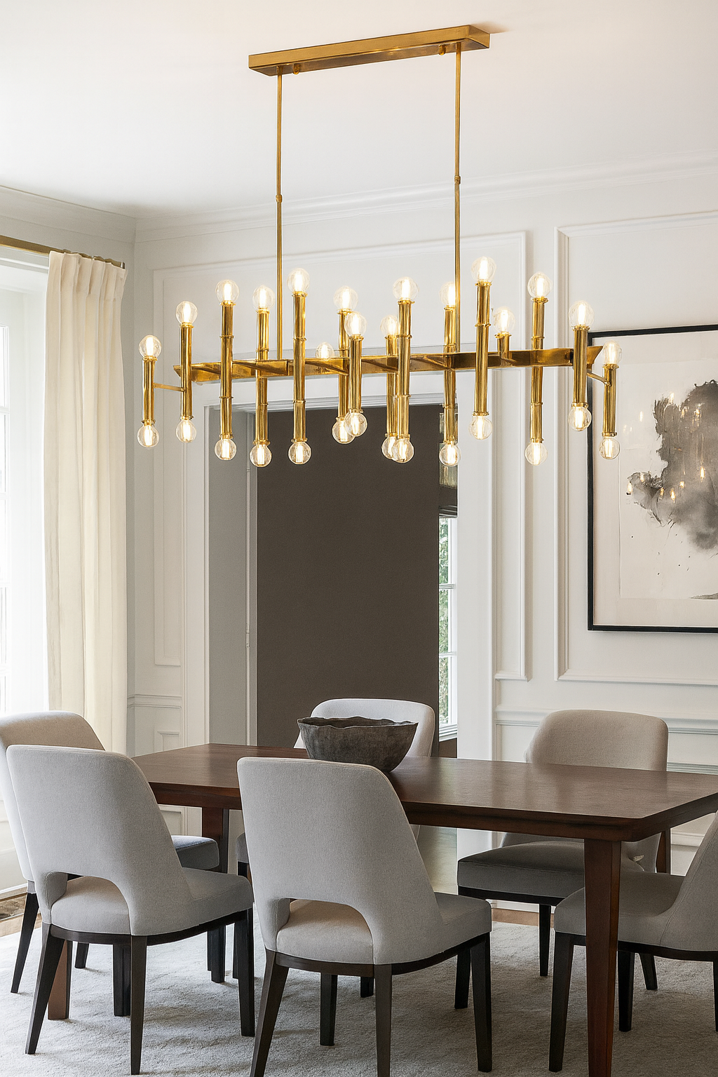 Yüzüklü Dikdörtgen Avize – Pirinç Kaplama, 28×E14 | Modern Büyük Salon & Oturma Odası Aydınlatma