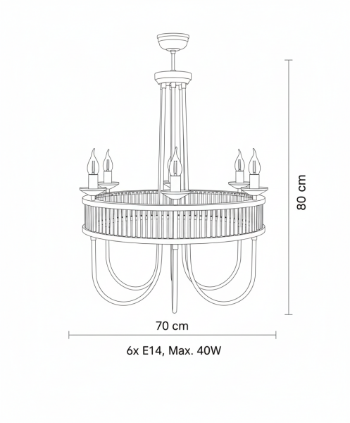 Kristal Çubuklu Baston Kol Avize – Pirinç Kaplama, 6×E14 | Modern Büyük Salon Aydınlatma