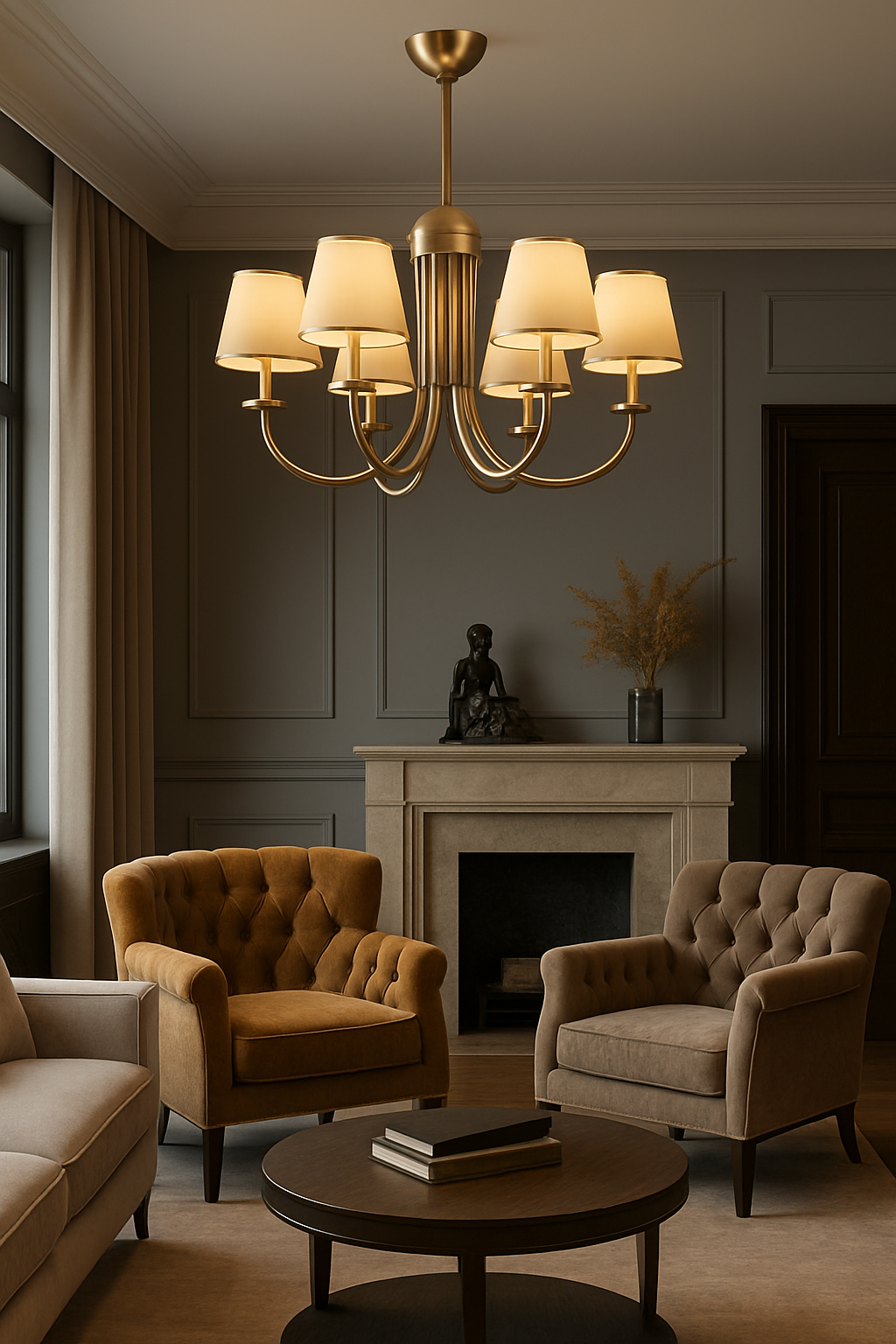 Baston Kol Abajurlu Avize – Pirinç Kaplama, 12×E14 | Modern Büyük Avize Aydınlatma