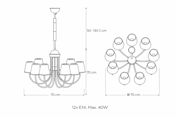Baston Kol Abajurlu Avize – Pirinç Kaplama, 12×E14 | Modern Büyük Avize Aydınlatma