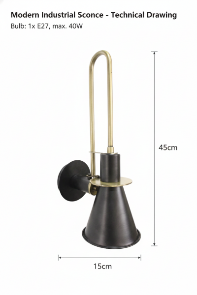 Lady Siyah Aplik – Demir & Pirinç Kaplama, 1×E27 | Modern Duvar Aydınlatma