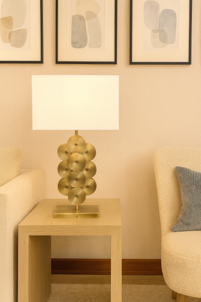 Disk Masa Lambası – Demir & Pirinç Kaplama, 1×E27 | Modern Dekoratif Aydınlatma