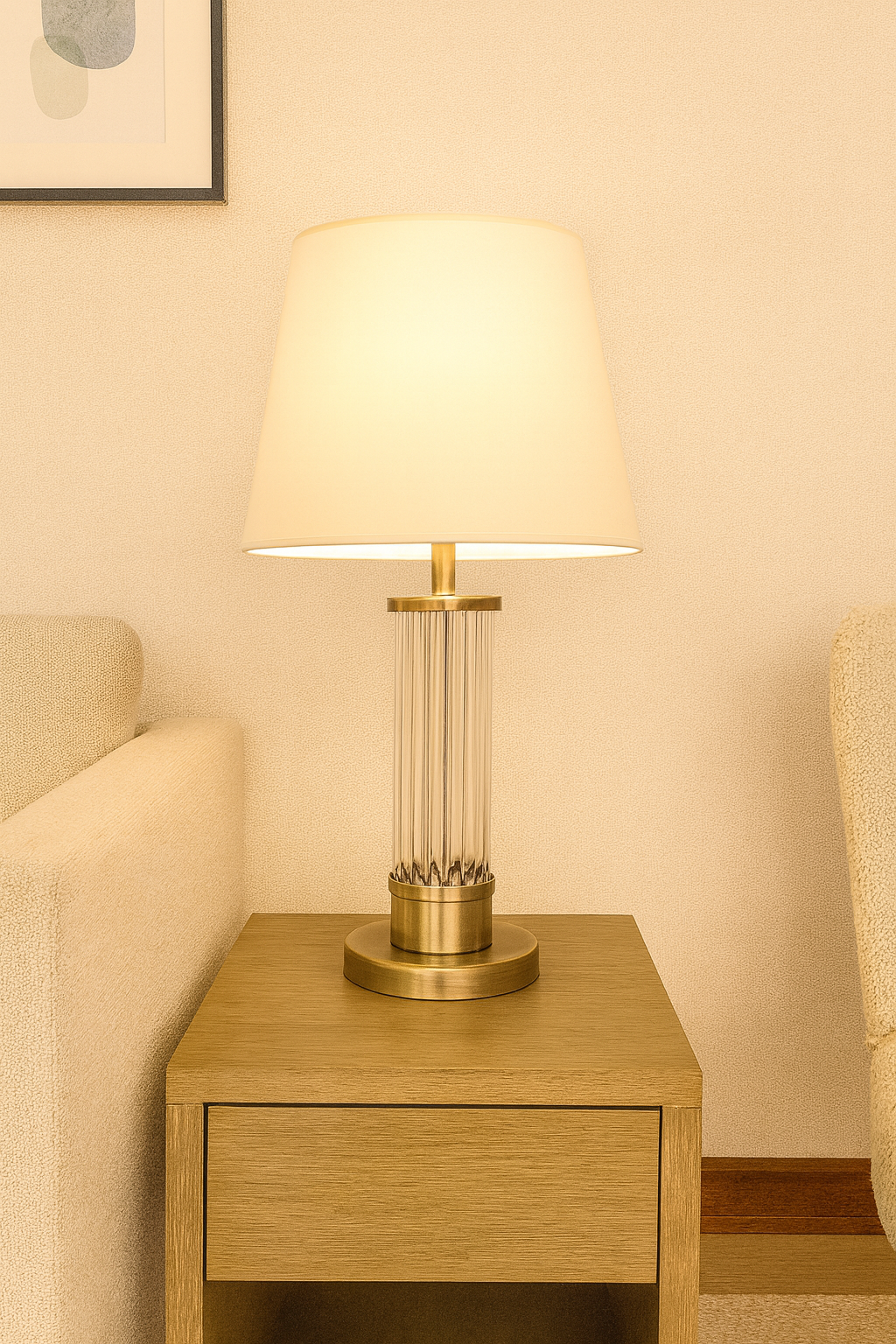 Çubuk Cam Masa Lambası – Demir & Pirinç Kaplama, 3×E14 | Modern Dekoratif Aydınlatma