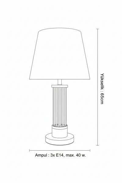Çubuk Cam Masa Lambası – Demir & Pirinç Kaplama, 3×E14 | Modern Dekoratif Aydınlatma