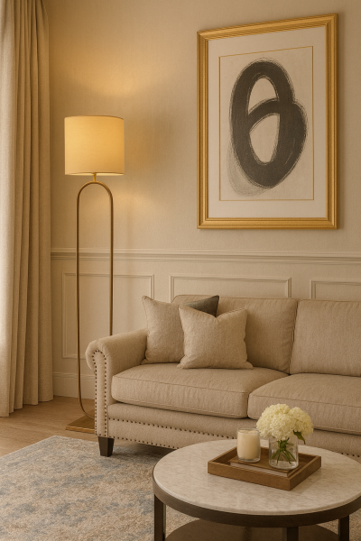 Besa Elips Pirinç Lambader – Modern Geometrik Tasarım Şık ve Lüks Salon Köşe Aydınlatması