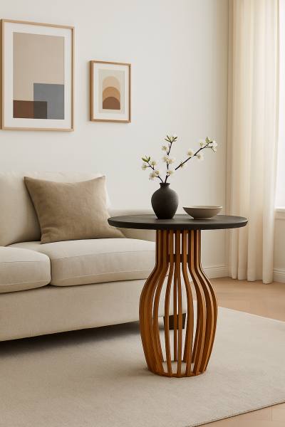 Modern Tasarım Yuvarlak Ahşap Yan Sehpa 44 cm – Dekoratif Ayaklı Sehpa 55 cm