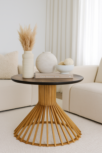 Yuvarlak Ahşap Yan Sehpa 50 cm – Modern Dekoratif Ayaklı Sehpa 47 cm