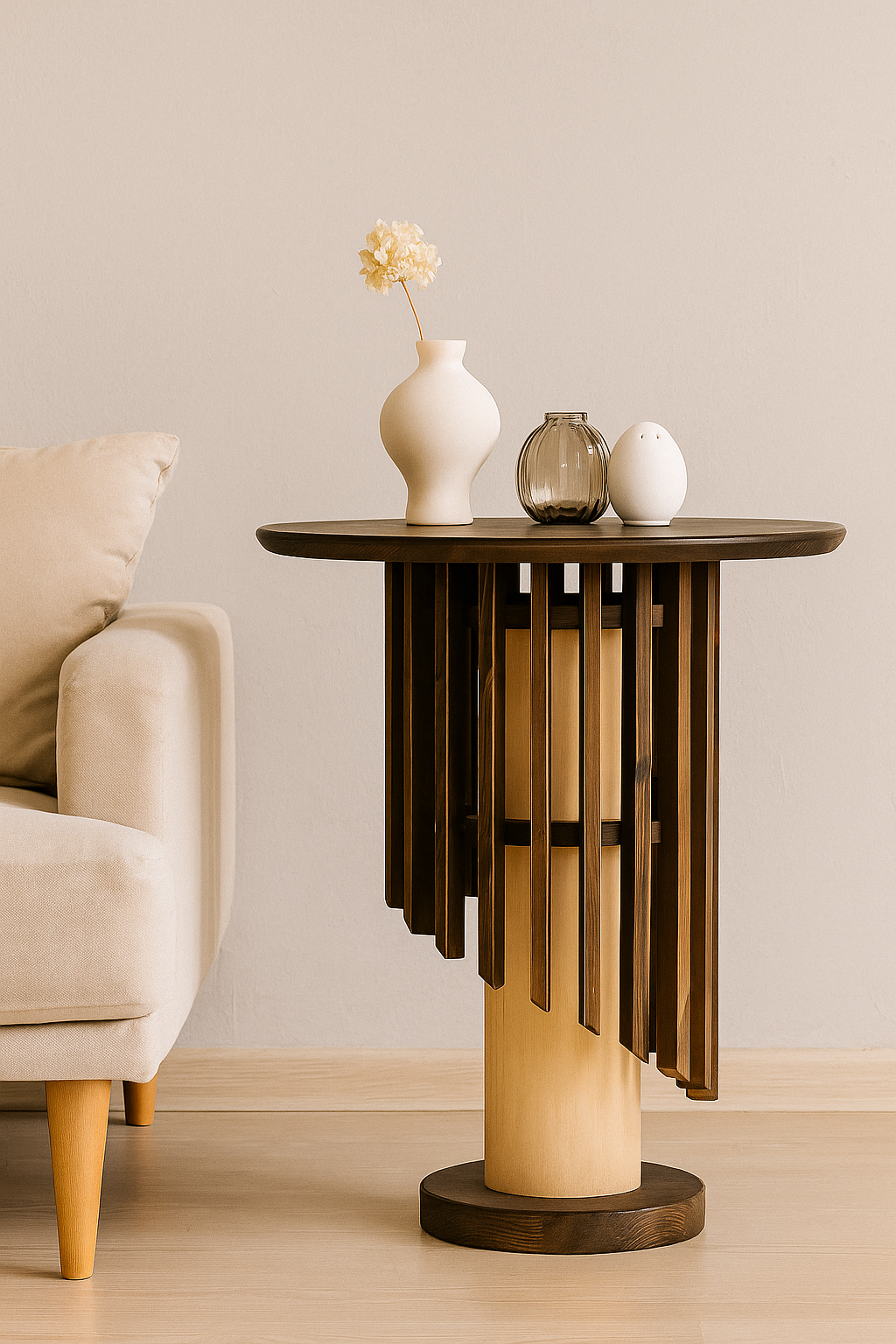 Yuvarlak Ahşap Yan Sehpa 44 cm – Orta Ayaklı Dekoratif Tasarım Sehpa 56 cm