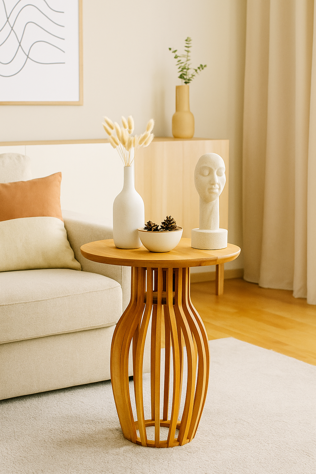 Yuvarlak Ahşap Yan Sehpa 40 cm – Modern Dekoratif Tasarım Sehpa 55 cm