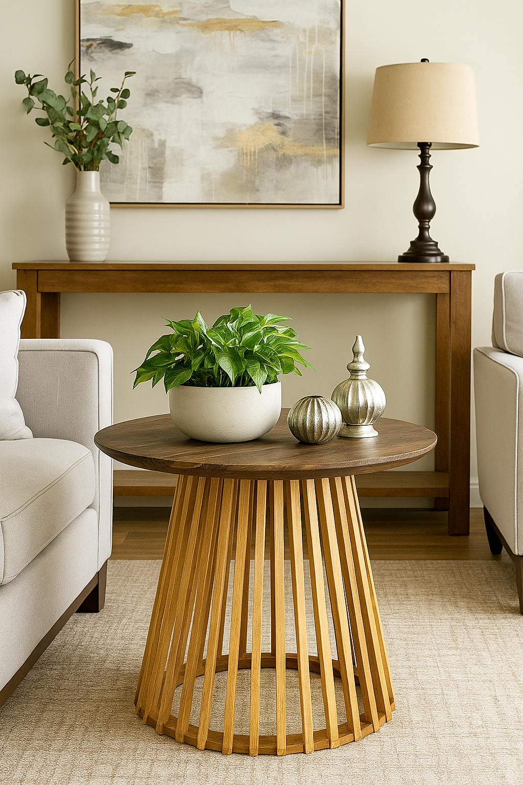 Yuvarlak Ahşap Yan Sehpa 44 cm – Dekoratif Çıtalı Ayak Tasarımlı Sehpa 47 cm