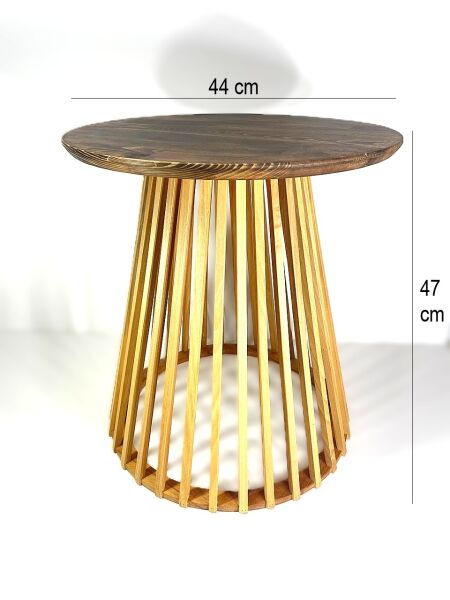 Yuvarlak Ahşap Yan Sehpa 44 cm – Dekoratif Çıtalı Ayak Tasarımlı Sehpa 47 cm