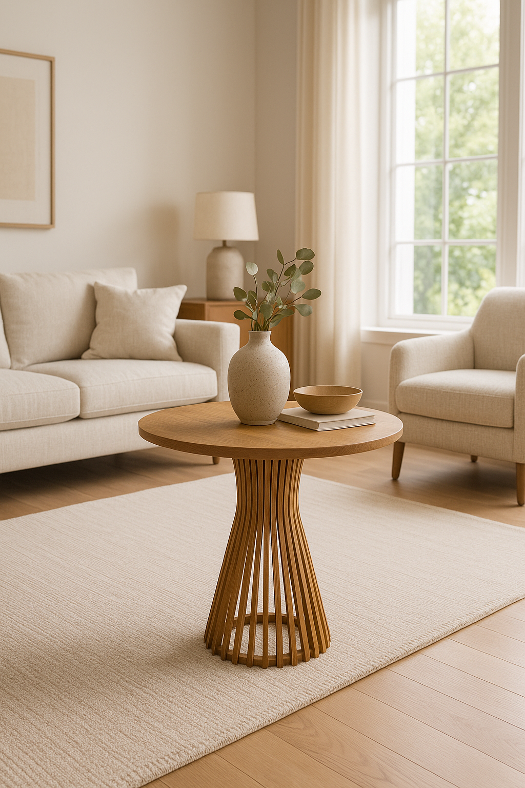 Yuvarlak Ahşap Yan Sehpa 41 cm – Dikey Çıtalı Modern Tasarım Sehpa 60 cm