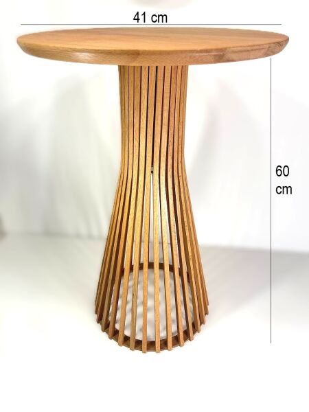 Yuvarlak Ahşap Yan Sehpa 41 cm – Dikey Çıtalı Modern Tasarım Sehpa 60 cm