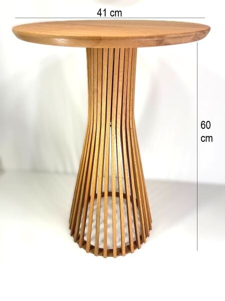 Yuvarlak Ahşap Yan Sehpa 41 cm – Dikey Çıtalı Modern Tasarım Sehpa 60 cm