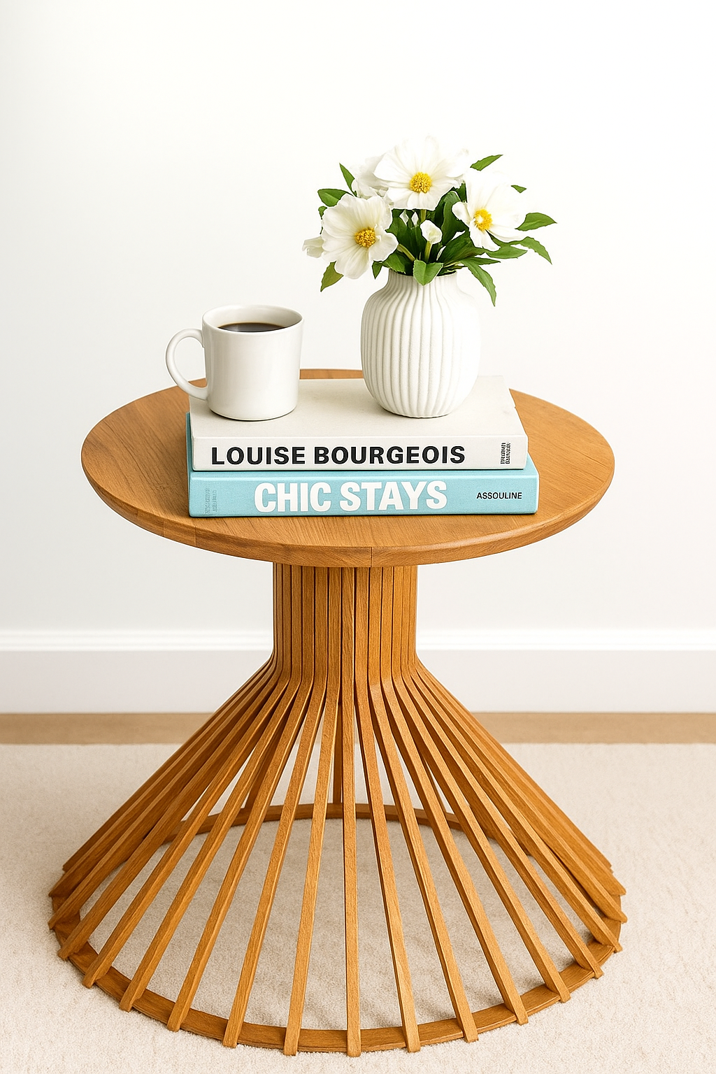 Yuvarlak Ahşap Yan Sehpa 41 cm – Dekoratif Dikey Çıtalı Tasarım Sehpa 47 cm