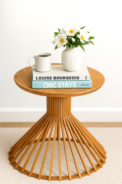 Yuvarlak Ahşap Yan Sehpa 41 cm – Dekoratif Dikey Çıtalı Tasarım Sehpa 47 cm