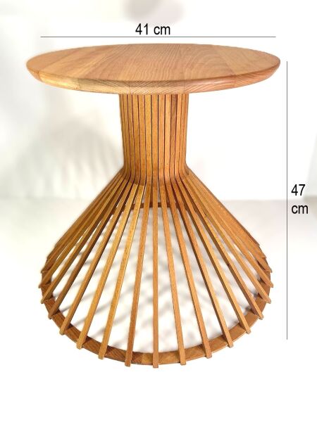 Yuvarlak Ahşap Yan Sehpa 41 cm – Dekoratif Dikey Çıtalı Tasarım Sehpa 47 cm