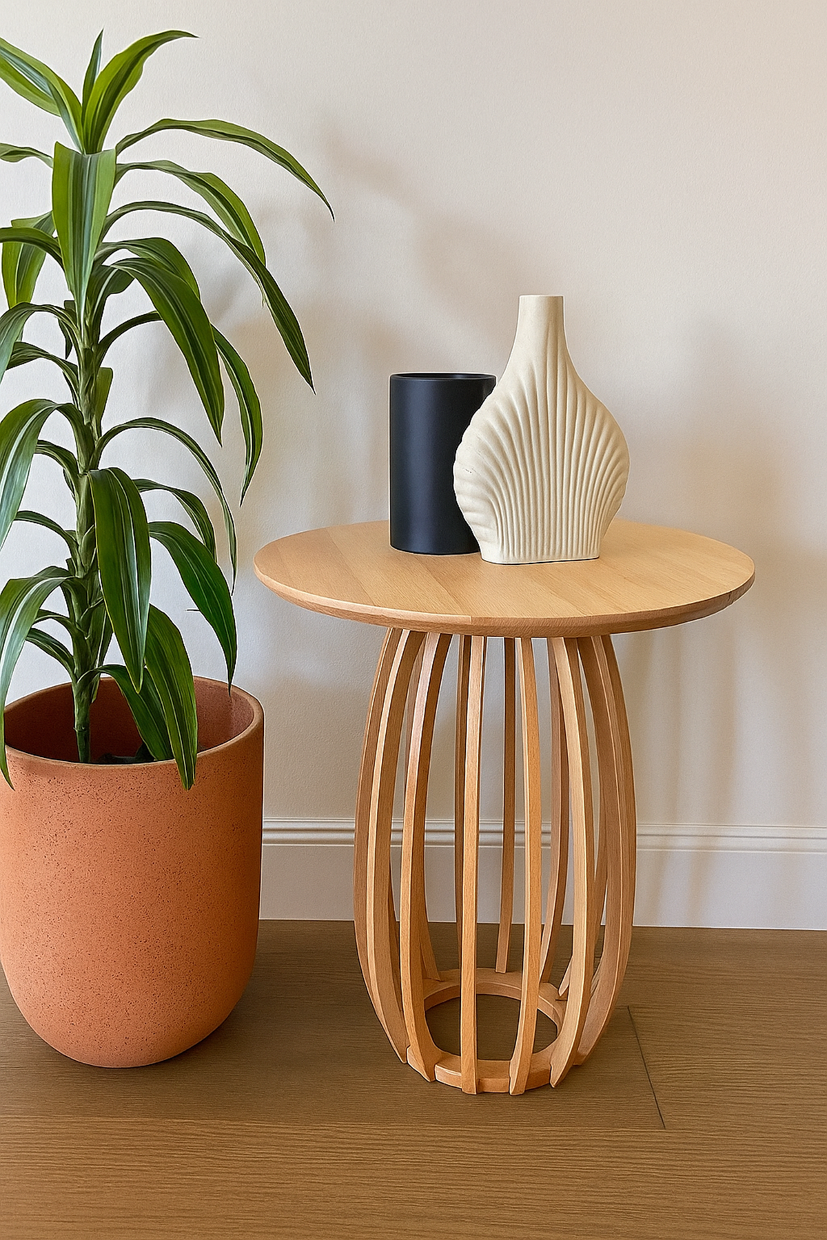 Yuvarlak Ahşap Yan Sehpa 41 cm – Modern Dikey Çıtalı Tasarım Sehpa 45 cm