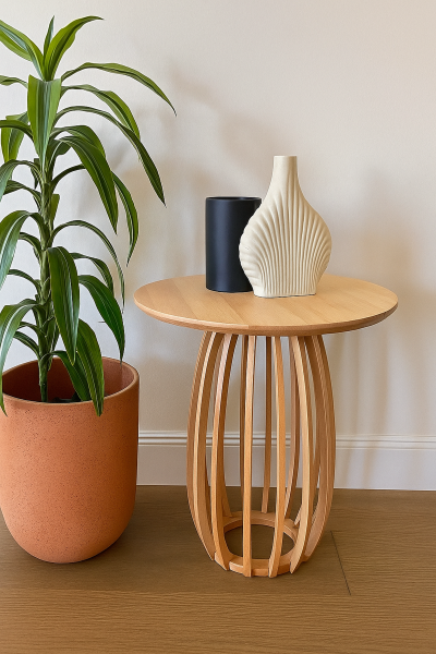 Yuvarlak Ahşap Yan Sehpa 41 cm – Modern Dikey Çıtalı Tasarım Sehpa 45 cm