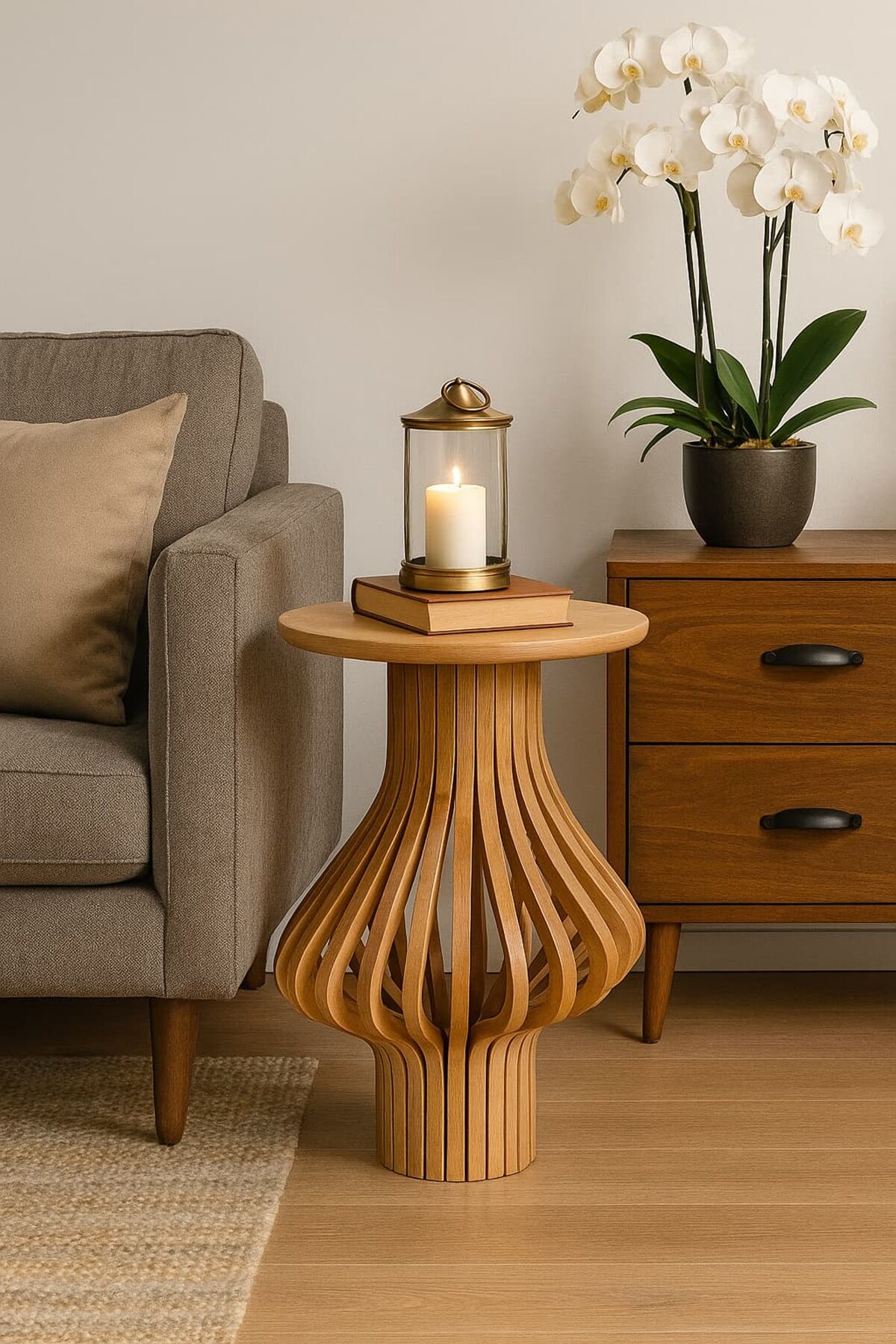 Yuvarlak Ahşap Yan Sehpa 41 cm – Modern Bombeli Gövdeli Dekoratif Sehpa 55 cm