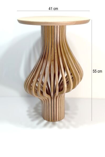 Yuvarlak Ahşap Yan Sehpa 41 cm – Modern Bombeli Gövdeli Dekoratif Sehpa 55 cm