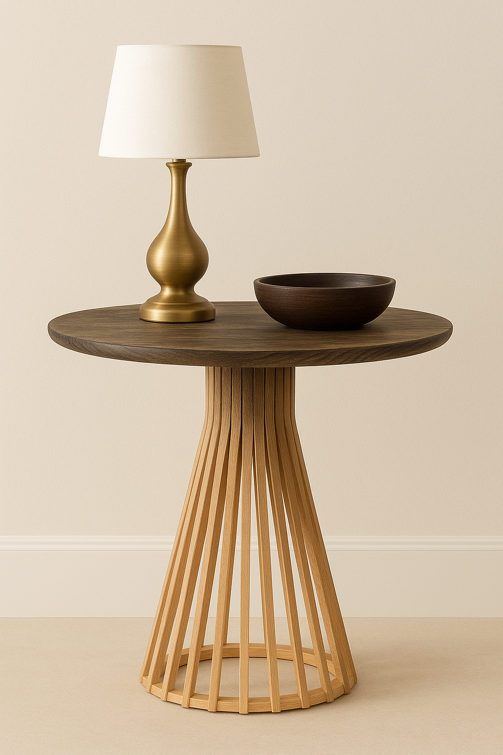 Yuvarlak Ahşap Yan Sehpa 44 cm – Modern Dikey Çıtalı Dekoratif Sehpa 45 cm