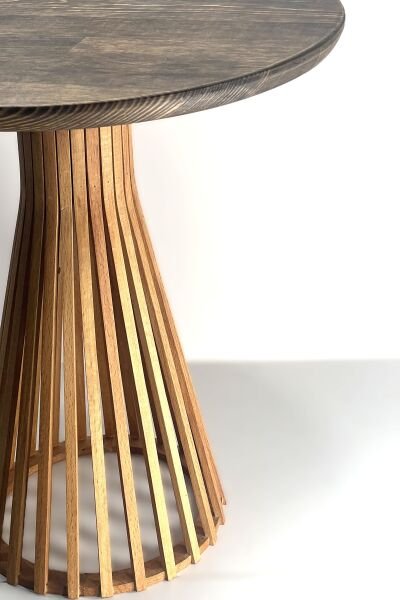 Yuvarlak Ahşap Yan Sehpa 44 cm – Modern Dikey Çıtalı Dekoratif Sehpa 45 cm