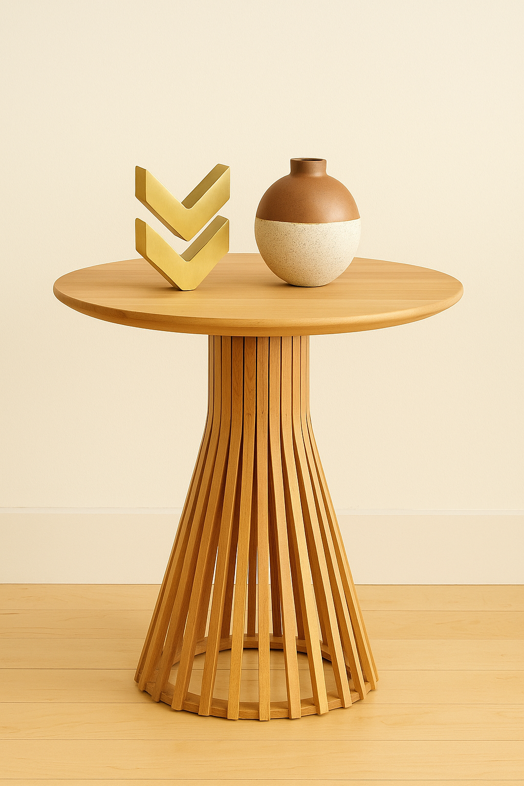 Yuvarlak Ahşap Yan Sehpa 41 cm – Modern Dikey Çıtalı Dekoratif Sehpa 45 cm