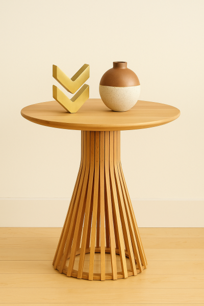 Yuvarlak Ahşap Yan Sehpa 41 cm – Modern Dikey Çıtalı Dekoratif Sehpa 45 cm